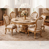 Royal Luxury 6 Seater Round Dining Table Set β Antique Gold Hand-Carved Solid Wood with Marble-Style Top