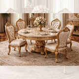 Royal Luxury 6 Seater Round Dining Table Set – Antique Gold Hand-Carved Solid Wood with Marble-Style Top