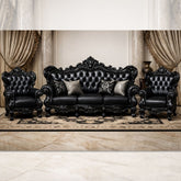 Luxury Black Royal Sofa Set (3+1+1) β Hand-Carved Wooden Living Room Furniture with Leatherette Upholstery