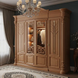 Luxury Classic Wooden Wardrobe with Glass Doors & Royal Carving Design