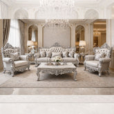 Luxurious Italian Style Silver Carved Sofa Set (3+1+1 with Center Table)