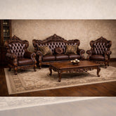 Luxury Classic Wooden Sofa Set (3+1+1) β Premium Leather Finish Hand-Carved Living Room Furniture