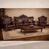 Luxury Classic Wooden Sofa Set (3+1+1) – Premium Leather Finish Hand-Carved Living Room Furniture