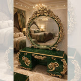 Royal Luxury Green & Gold Dressing Table with Ornate Mirror and Storage Drawers