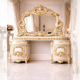 Luxury Antique Dressing Table with Hand-Carved Mirror β Royal Ivory & Gold Finish