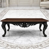 Luxury Black Carved Wooden Center Table with Walnut Finish Top