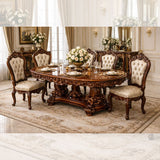 Royal Luxury 6 Seater Wooden Dining Table Set – Walnut Brown Hand-Carved Antique Finish