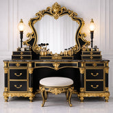 Luxury Black & Gold Antique Dressing Table with Mirror and Stool β Royal Hand-Carved Vanity