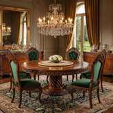 6 Seater Round Dining Table Set β Solid Wood Hand-Carved Dining Set with Green Upholstered Chairs