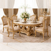 Royal Luxury 6 Seater Dining Table Set β Antique Gold Hand-Carved Solid Wood with Marble-Style Top
