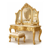Luxury Golden Antique Dressing Table with Stool β Royal Hand-Carved Vanity Set