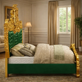 Royal Luxury King Bed – Antique Gold & Emerald Upholstered Palace-Style Bed