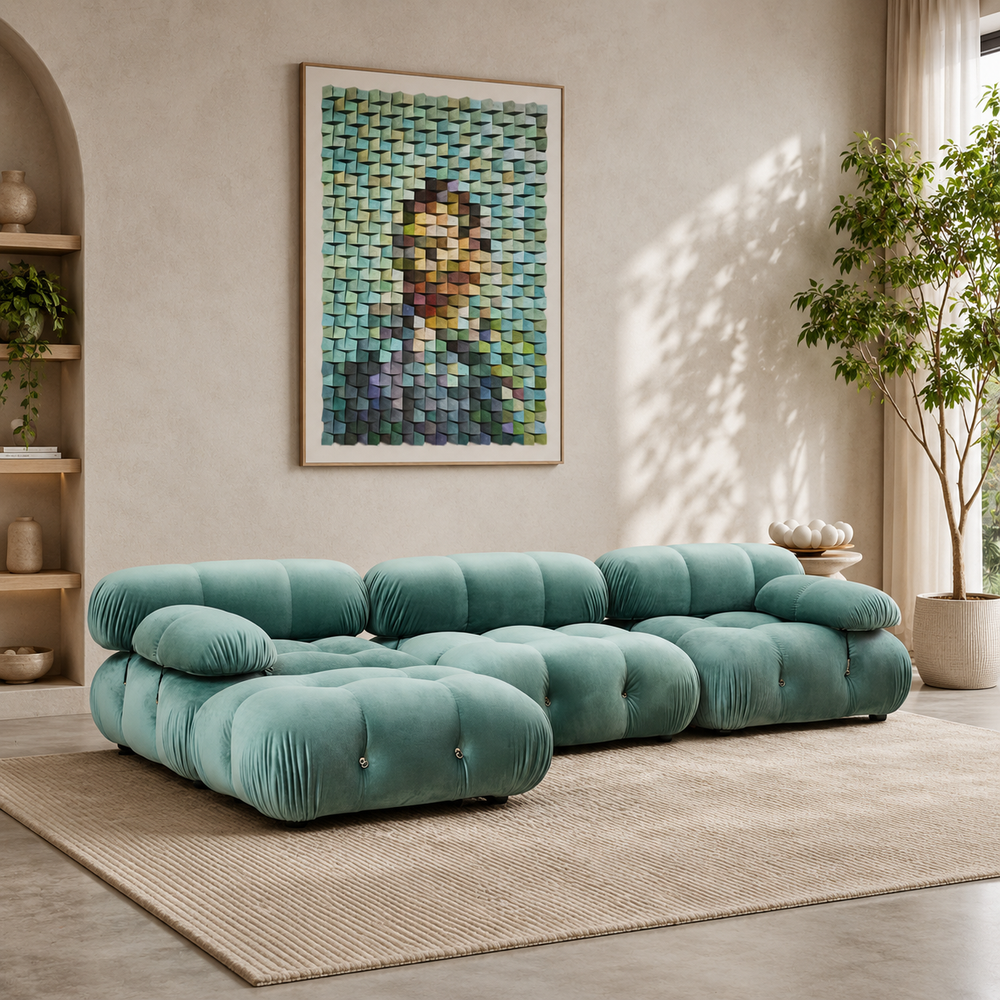 Luxury modular teal velvet sofa with solid teak wood frame for modern living room furniture.