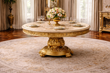 Royal Luxury 6 Seater Round Dining Table Set – Antique Gold Hand-Carved Solid Wood with Marble-Style Top