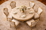 Royal Luxury 6 Seater Round Dining Table Set – Antique Gold Hand-Carved Solid Wood with Marble-Style Top