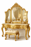 Luxury Golden Antique Dressing Table with Stool – Royal Hand-Carved Vanity Set
