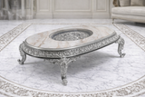 Luxury Round Silver Carved Center Table with Marble Top