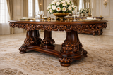 Royal Luxury 6 Seater Wooden Dining Table Set – Walnut Brown Hand-Carved Antique Finish