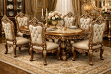 Royal Luxury 6 Seater Dining Table Set – Antique Gold Hand-Carved Solid Wood with Marble-Style Top