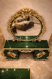 Royal Luxury Green & Gold Dressing Table with Ornate Mirror and Storage Drawers
