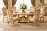 Royal Luxury 6 Seater Dining Table Set – Antique Gold Hand-Carved Solid Wood with Marble-Style Top
