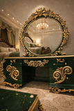 Royal Luxury Green & Gold Dressing Table with Ornate Mirror and Storage Drawers