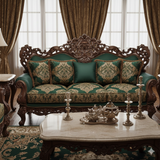 Royal Green Luxury Sofa Set (3+1+1) – Hand-Carved Wooden Designer Furniture