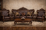 Luxury Classic Wooden Sofa Set (3+1+1) – Premium Leather Finish Hand-Carved Living Room Furniture