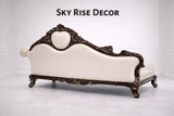 Antique style teak wood chaise lounge sofa with decorative carving and luxury upholstery