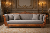 Antique Royal Luxury Hand-Carved Wooden Sofa | Grey Fabric & Antique Finish