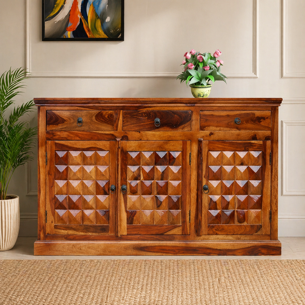 Solid wood sideboard cabinet with geometric carved doors