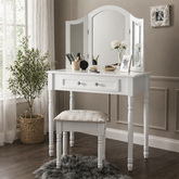 white vanity table with mirror and stool