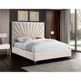 beige platform bed with fan design headboard