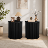 Black fluted teak wood round side table set for modern living room