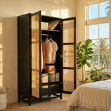 Solid teak wood cane storage cabinet for bedroom