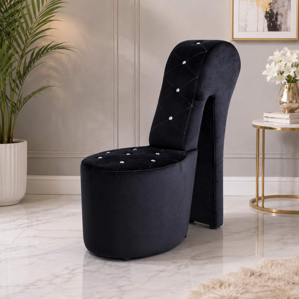 Black velvet high-back accent chair with diamond tufting