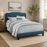 modern blue upholstered bed with tufted headboard