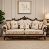 Luxury royal teak wood 3 seater sofa with tufted upholstery