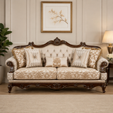 Luxury royal teak wood 3 seater sofa with tufted upholstery