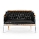 Elegant black button tufted sofa with natural teak wood frame