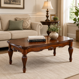 Classic solid teak wood coffee table with carved legs and walnut finish