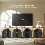 Modern wooden buffet cabinet with black fluted detailing