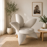 Modern teak wood petal accent chair in ivory fabric for luxury living room