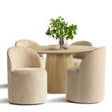 minimalist wooden dining table with beige chairs