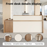 Minimalist office reception desk with fluted wood design