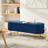 Modern navy blue upholstered storage bench with gold accents