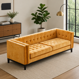 Mustard yellow tufted teak wood 3-seater sofa for modern living room