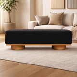 modern upholstered bench with teak wood legs