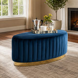 Luxury royal blue velvet oval ottoman bench with gold base and teak wood frame