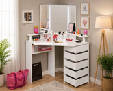 corner vanity table with mirror and drawers